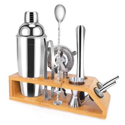 China Cocktail Shaker Set Customize Premium 550ml/750ml Bartenders Measuring Jigger Mixing Cocktail Shaker Kit With Bamboo Stand Boston Stainless Steel for sale