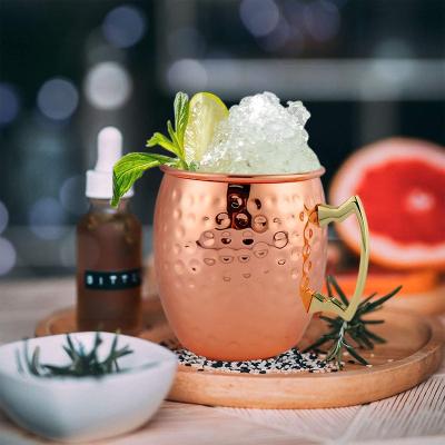 China Wholesale 16oz QZQ Cocktail Beer Cup Viable High Quality Copper Stainless Steel Hammered Rose Gold Moscow Mule Mug With Brass Handle for sale