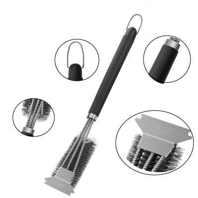 China Grilling Net Brush Easily Cleaned Three Head Barbecue Grill Tool Stainless Steel BBQ Grill Cleaning Brush for sale