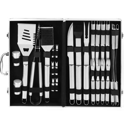 China 26pcs Easily Cleaned Stainless Steel Bbp Tool Kit Outdoor BBQ Camping Cookware Grilling Tool Kit with Aluminum Case for sale