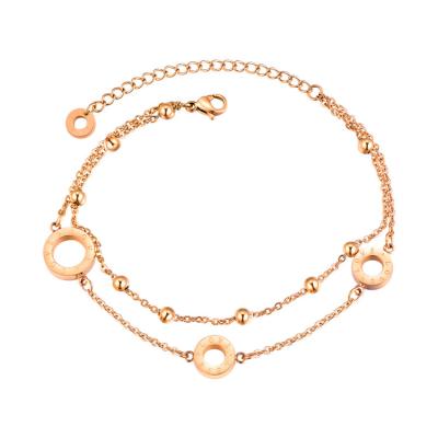 China Wholesale Fashion Trendy Rose Gold Bracelet with Flat Round Charms Double Chain Bracelet for Women for sale