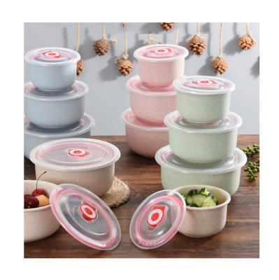 China Freshness Preservation High Quality 3pcs Wheat Straw Lunch Box Set Round Fresh Keeping Bowl With Lid Food Storage Container for sale