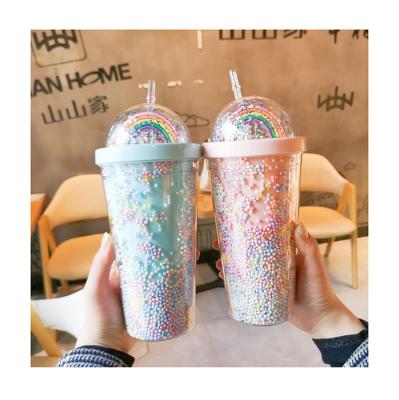 China Sustainable 550ml Kawaii Colorful Beads Rainbow Girls Water Bottle Milkshake Cups With Straws Glitter Ice Cream Juice Tumbler Mug for sale