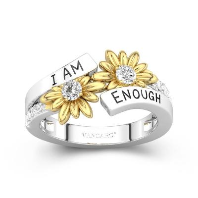 China Amazon CLASSIC Hot Sale Rhodium Plated Silver Gold Two Tone Sun Flower I'm Enough Inspirational Mantra Ring for sale