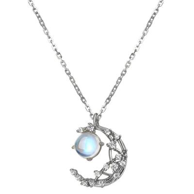 China Tarnish Free 925 Sterling Silver Moonstone Moonstone Crescent And Stars Necklace Pendant Necklaces for sale