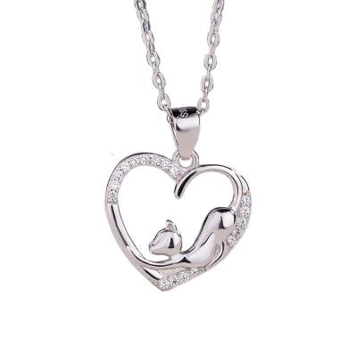 China Tarnish Free Elegance Jewelry Custom Simple Inlay Loving Patterning Cat Stretch 925 Sterling Silver Heart Animal Zircon Pendant Necklaces for sale