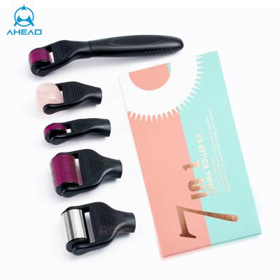 China Wholesale Anti-Puffiness Massage Matte Black Handle 7 In 1 Micro Derma Roller Jade Roller Rose Quartz Needle Face Devices Therapy Skin for sale