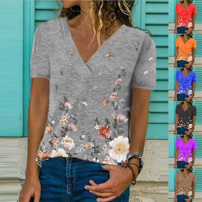 China QUICK DRY V Neck Short Sleeve Summer Flower Printed Casual Shirts For Women Blouses Ladies Tops for sale