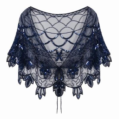 China Polyester Women's 1920s Shawl Vintage Deco Beaded Fringed Wedding Cape Evening Wrap for sale