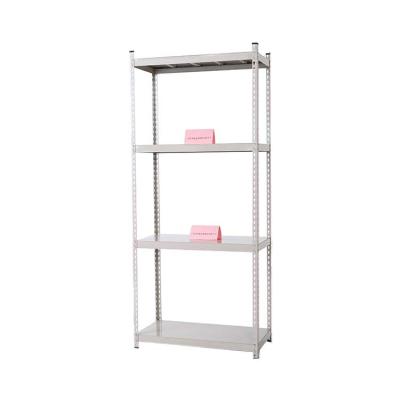 China Corrosion Protection 5 Tier White 50kg Slotted Angle Steel Warehouse Storage Medium Duty Boltless Stacking Racking Shelves for sale