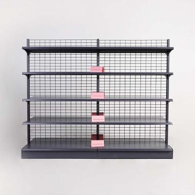 China Double-sided 5-Tiers 40kg Double Sided Net Back Panel Steel Mesh Metal Supermarket Shelves For Retail Store for sale