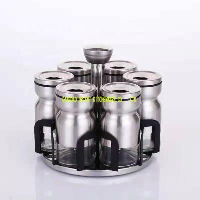 China Sustainable wholesale stainless steel rovolving rack and glass spice jar set for sale