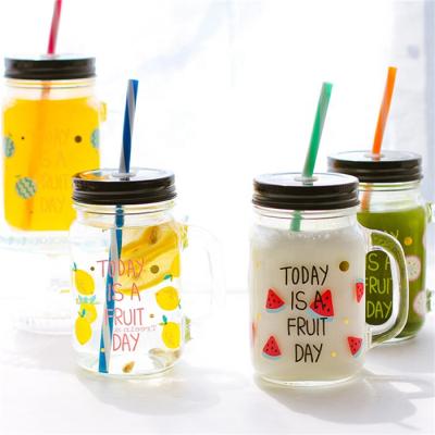 China Wholesale Customized Viable Porcelain Handle Mason Jar For Coffee Hot Drinking Jar With Straw Cup Glass Jar for sale