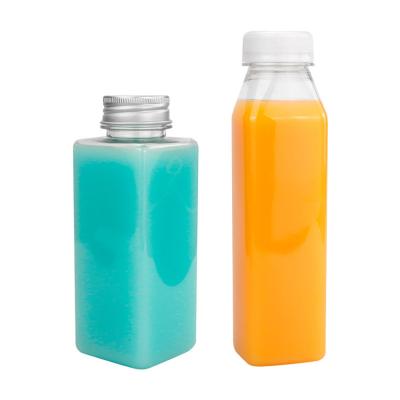 China Unique Square Food Juice Plastic Bottles With Cap 38 Caliber 350ml Clear Plastic Disposable PET Beverage Bottle for sale