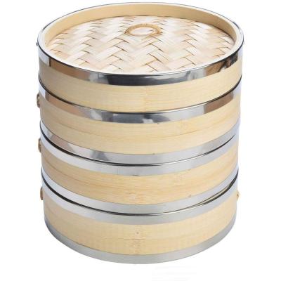 China 2 Tier Bamboo Steamer Sustainable Dumpling Steamer With Steel Rings For Chinese Food White Or Natural Sustainable for sale