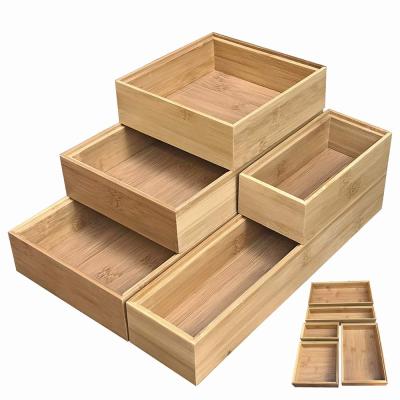 China Customized Viable 5 Piece Bamboo Drawer Storage Box and Bin, Stackable Drawer Organizer and Desktop Storage Box for Office for sale