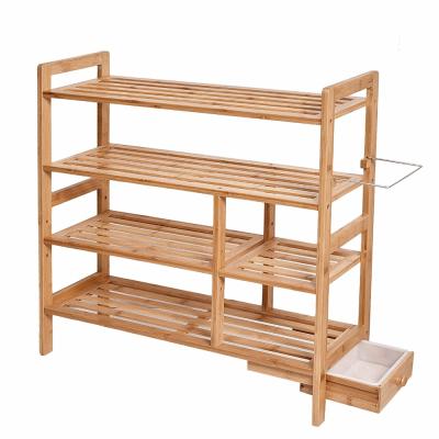 China Traditional Homemade Bamboo 4-Tier Shoe Rack With Hidden Umbrella Holder for sale