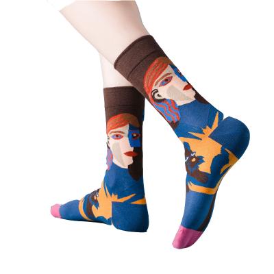 China Lady 100% Cotton Custom Women Socks Oil Painting French Grid Gradient QUICK DRY Unisex Crew Socks for sale