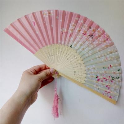 China Vintage Japanese Style China Cherry Blossoms Folding Hand Fan Retro with Wooden Ribs Dancing Wedding Party Decor Fan for sale