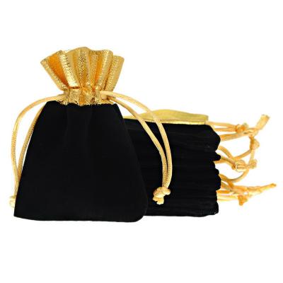 China Handmade Gold Color Trim Party Wedding Favor Drawstring Velvet Gift Bag Jewelry Pouch Black Christmas Gifts Bags for sale