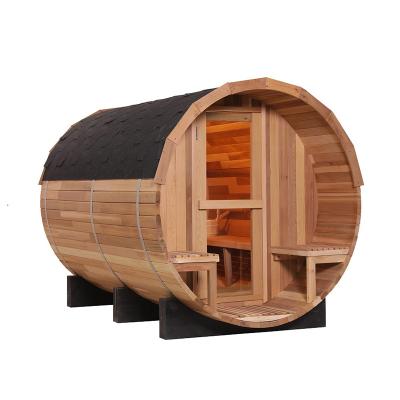 China Outdoor Computer Control Panel Sauna Room Red Cedar 6 People Barrel Sauna Room With Wood Sauna Heater Stove Good Price for sale