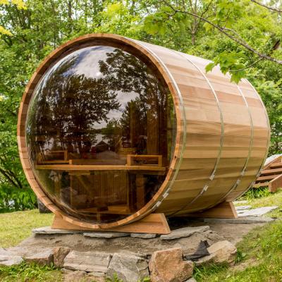 China Computer Control Panel Smartmak Outdoor Wooden Hemlock/Cedar/Pin Sauna Barrel Sauna With Panoramic Glass Windows for sale