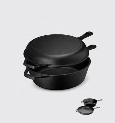 China Durable 2-in-1 Cast Iron Combo Cooker Deep Bread Baking Pot Pan Set Pot and Pan with Long Handle for sale