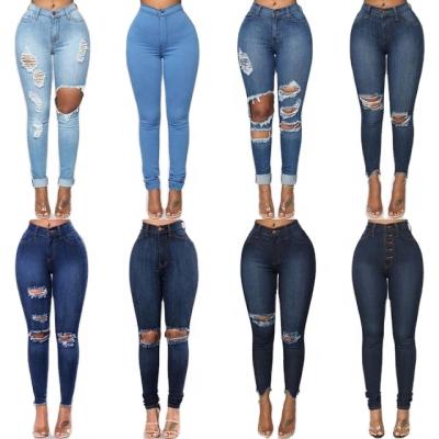 China Breathable Customized Waisted Quality Super High Waisted Stretch Fit Ripped Women Jeans OEM Service for sale