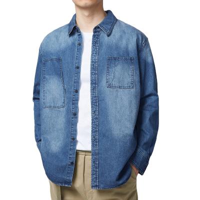 China Two-pocket men's oversized cotton woven jeans vintage logo custom anti-pilling men's jacket shirt jacket for sale