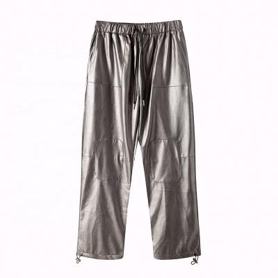 China New autumn and winter waterproof street use casual straight tube pants leather men's drawstring loose pants for sale