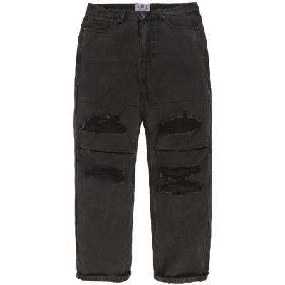 China Breathable Damage Washed Black Perforated Mens Jeans Trousers Dark Series Worn Straight Pants for sale