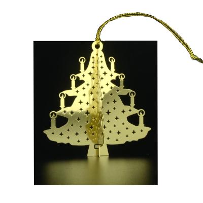 China Custom Exquisite Hollow Stainless Steel Christmas Decoration Gold 3D Metal Christmas Tree Hanging Ornaments for sale