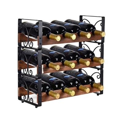 China Stackable Wooden Iron Countertop 3 Tier Wine Bottle Organizer Holder Stand Wine Bottle Rack for sale