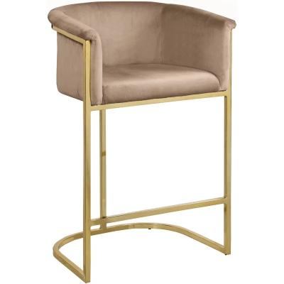 China Environmental Metal Material Accent Blue Gold Curved Bar Stool With Velvet Seat for sale