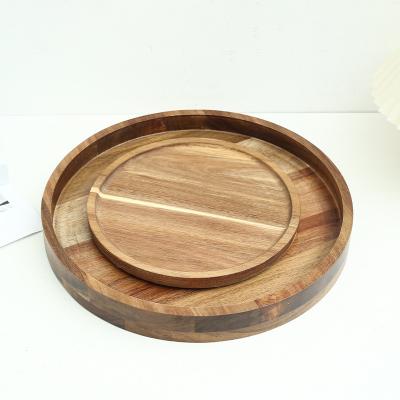 China Acacia Wooden Tray Square Rectangle Breakfast Sushi Snack Bread Dessert Cake Serving Dish Viable With Easy Carry Grooved Handle for sale