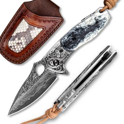 China Non-variable Handmade Outdoor Survival Hunting Bone Leather Handle Knives Sheath EDC Damascus Steel Folding Pocket Knife With Clip for sale