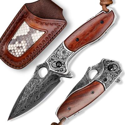 China Non-variable Handmade Outdoor Survival Hunting Leather Sheath Handle Damascus EDC Knives Wood Steel Folding Pocket Knife With Clip for sale