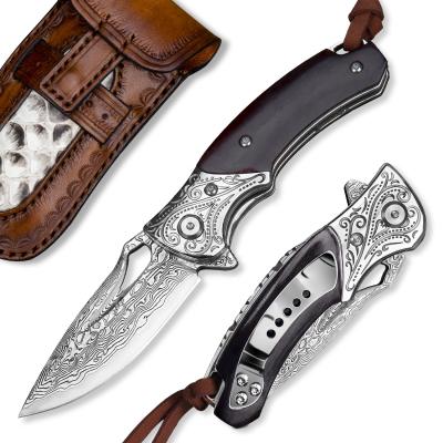 China Non-variable Handmade Outdoor Survival Hunting Camping Clip EDC Pocket Knives With Sheath Tactical Damascus Steel Folding Knife for sale