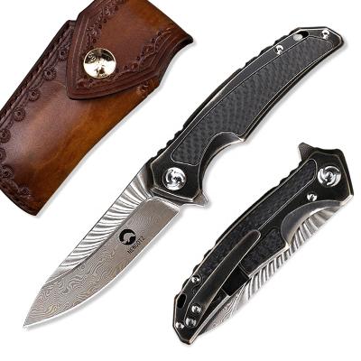 China Non-variable Damascus blade steel and carbon fiber titanium handle knives for outdoor survival camping hunting folding pocket knife for sale