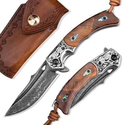 China Rosewood Handle Non-variable Outdoor EDC Pocket Knives For Men Hunting With Leather Sheath Damascus Steel Tactical Folding Knife for sale