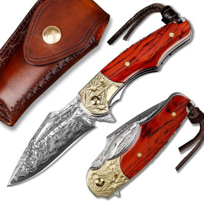 China New Handmade Non-Variable Rosewood Handle EDC Folding Hunting Knives For Men With Leather Sheath Damascus Tactical Pocket Knife for sale