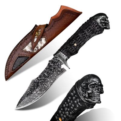 China Handmade Non-variable Bowie Knives Outdoor Hunting Knife VG10 Damascus Steel Fixed Blade With Leather Sheath for sale