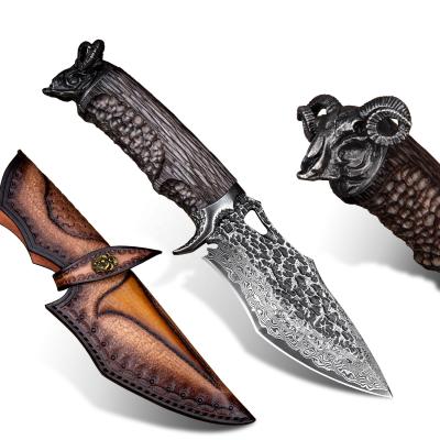 China Non-variable Japanese Handmade VG10 Damascus Steel Survival Fixed Blade Knives Outdoor Hunting Knife With Leather Sheath for sale