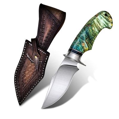 China Non-variable Stabilized Wood Fixed Blade Bowie Knives Outdoor 14C28N Steel Hunting Knife With Leather Sheath for sale