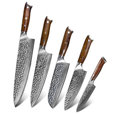 China Ironwood 5pcs Damascus Steel Knife Set Disposable Professional Full Steel Tang Kitchen Cooking Cutting Japanese VG10 for sale