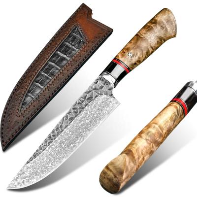 China Japanese Chef Stocked Kitchen Knife 6.8in Burl Stabilized Handle VG10 Damascus Stainless Steel Handmade Blade With Leather Sheath for sale