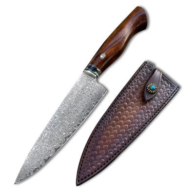 China Professional Handmade Japanese Chef Stocked 7.6in Ironwood And VG10 Fossil Damascus Handle Kitchen Knife With Leather Sheath for sale