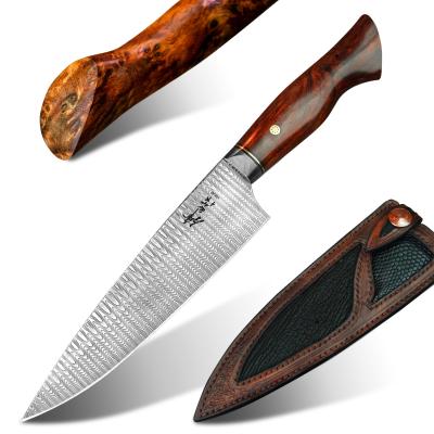 China Handmade Ironwood Stocked 8in and Wooden Handle VG10 Damascus Japanese Steel Handle Kitchen Chef Knife with Leather Sheath for sale