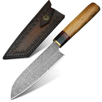 China Stocked 5.6in Olive Wood Handle Damascus Steel Blade Kitchen Santoku Knife for sale