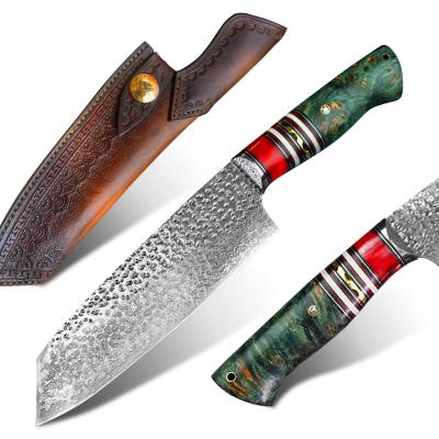 China Professional Steel Japanese Stocked Kitchen Santoku Knife 7in Solid Damascus Blade Wood Handle Chef Knife With Sheath for sale